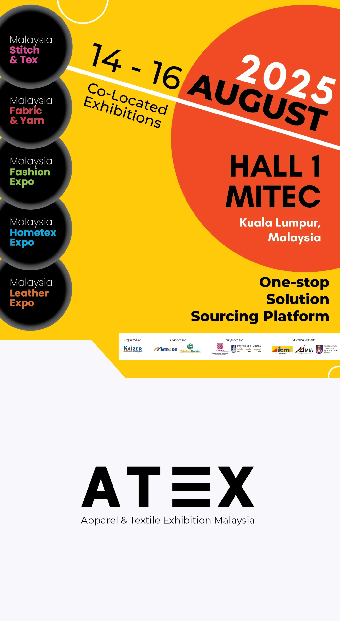 ATEX 2025 poster for Malaysia’s apparel and textile shows at MITEC KL, co-located exhibition and event by a top exhibition organizer Malaysia, part of major exhibitions in KL this August.