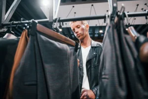 a guy is selecting items in leather exhibition